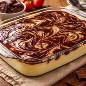 Pudim de Travessa com Calda de Chocolate Marmorizado