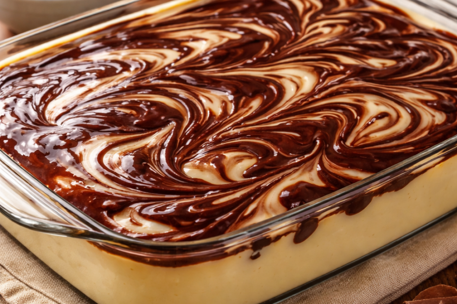 Pudim de Travessa com Calda de Chocolate Marmorizado